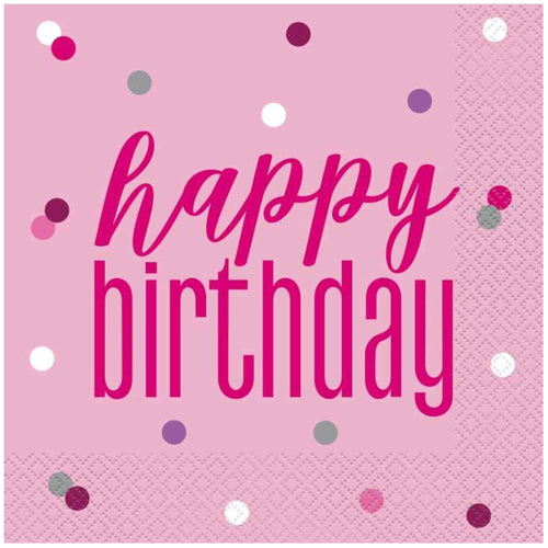 GLITZ PINK 'HAPPY BIRTHDAY' LUNCHEON NAPKINS (17cm - 16 PACK)