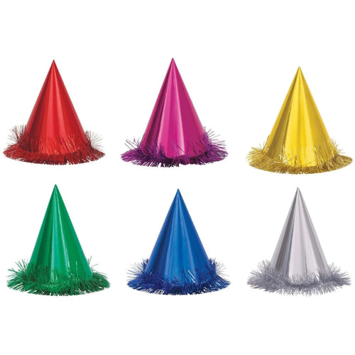 TINSEL FRINGED FOIL PARTY HAT (16cm, ASSORTED COLOURS)