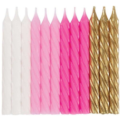 3"/ 7.5cm PINK, WHITE & GOLD SPIRAL CANDLES (12 PACK)