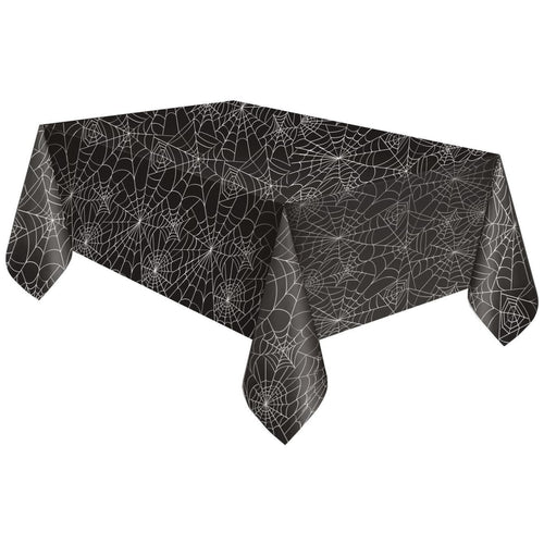 PLASTIC BLACK SPIDER WEB HALLOWEEN TABLECLOTH (2m x 1.4m)