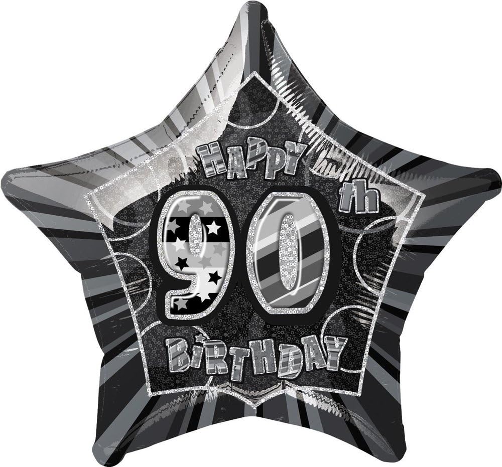 20"/ 51cm BLACK GLITZ HAPPY 90TH BIRTHDAY STAR SHAPE FOIL BALLOON