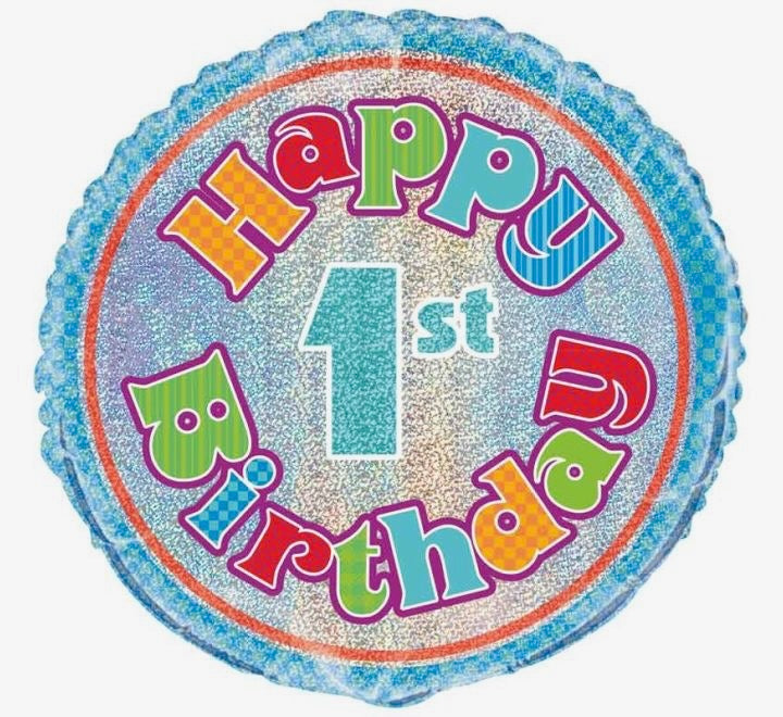 18"/ 46cm HOLOGRAPHIC HAPPY 1ST BIRTHDAY ROUND FOIL BALLOON