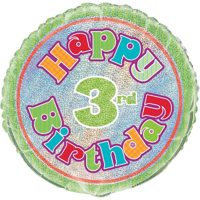 18"/ 46cm HOLOGRAPHIC HAPPY 3RD BIRTHDAY ROUND FOIL BALLOON