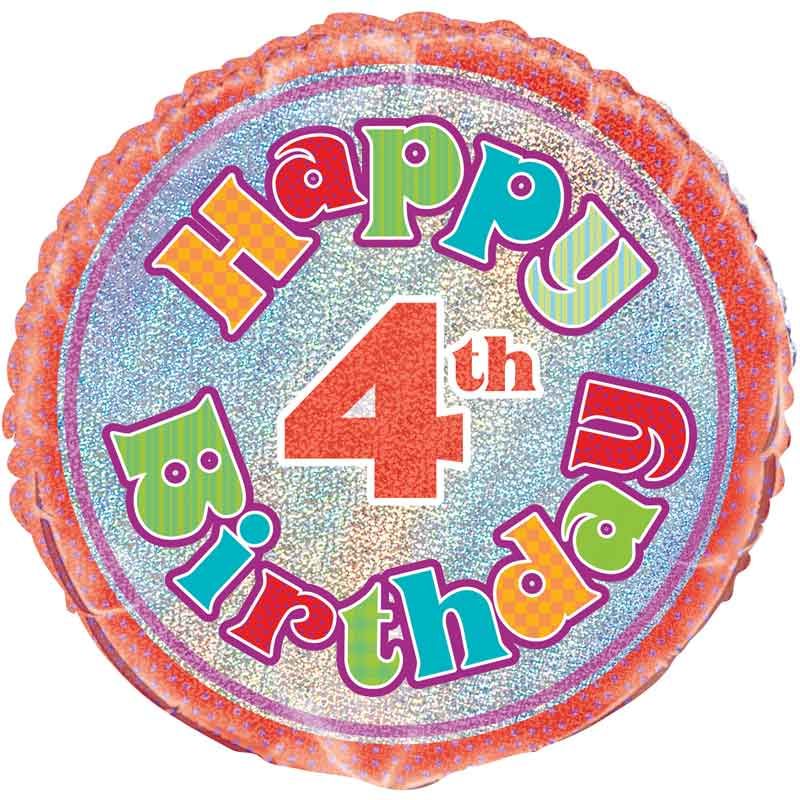 18"/ 46cm HOLOGRAPHIC HAPPY 4TH BIRTHDAY ROUND FOIL BALLOON