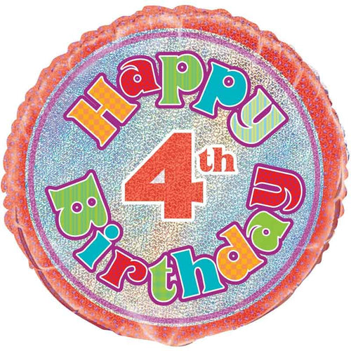 18"/ 46cm HOLOGRAPHIC HAPPY 4TH BIRTHDAY ROUND FOIL BALLOON