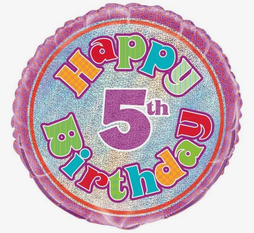 18"/ 46cm HOLOGRAPHIC HAPPY 5TH BIRTHDAY ROUND FOIL BALLOON