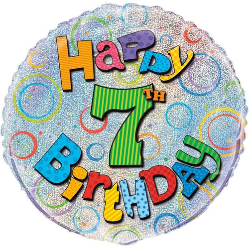 18"/ 46cm HOLOGRAPHIC HAPPY 7TH BIRTHDAY ROUND FOIL BALLOON