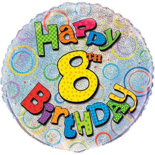 18"/ 46cm HOLOGRAPHIC HAPPY 8TH BIRTHDAY ROUND FOIL BALLOON