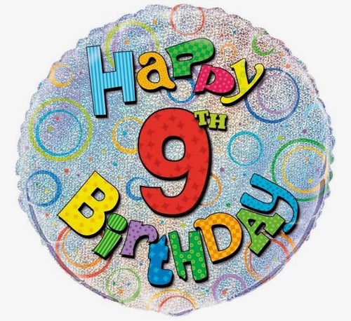 18"/ 46cm HOLOGRAPHIC HAPPY 9TH BIRTHDAY ROUND FOIL BALLOON