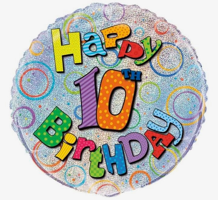 18"/ 46cm HOLOGRAPHIC HAPPY 10TH BIRTHDAY  ROUND FOIL BALLOON