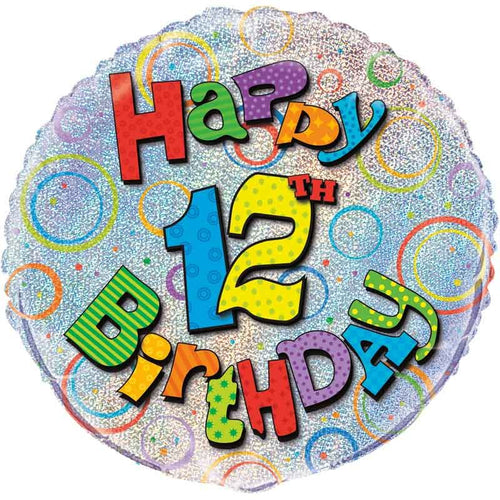18"/ 46cm HOLOGRAPHIC HAPPY 12TH BIRTHDAY ROUND FOIL BALLOON