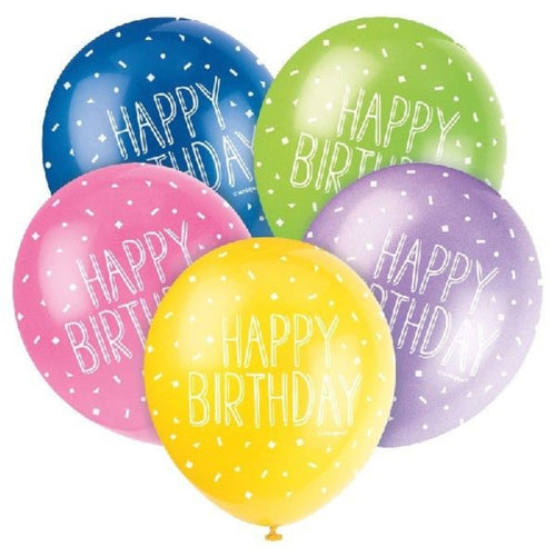 12"/ 30cm ASSORTED COLOUR HAPPY BIRTHDAY 5 PACK LATEX BALLOONS