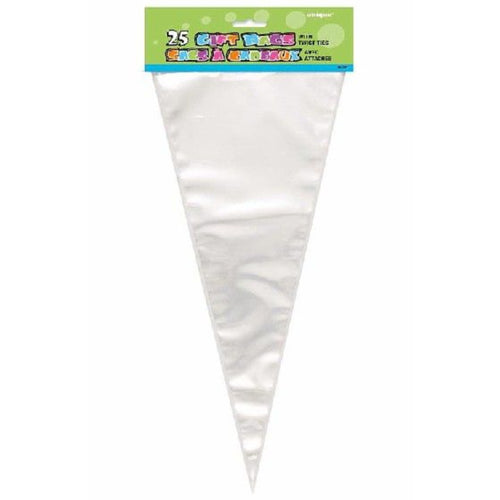 LARGE CLEAR CONE CELLO PARTY BAGS WITH TWIST TIES (15cm x 37cm - 25 PACK)