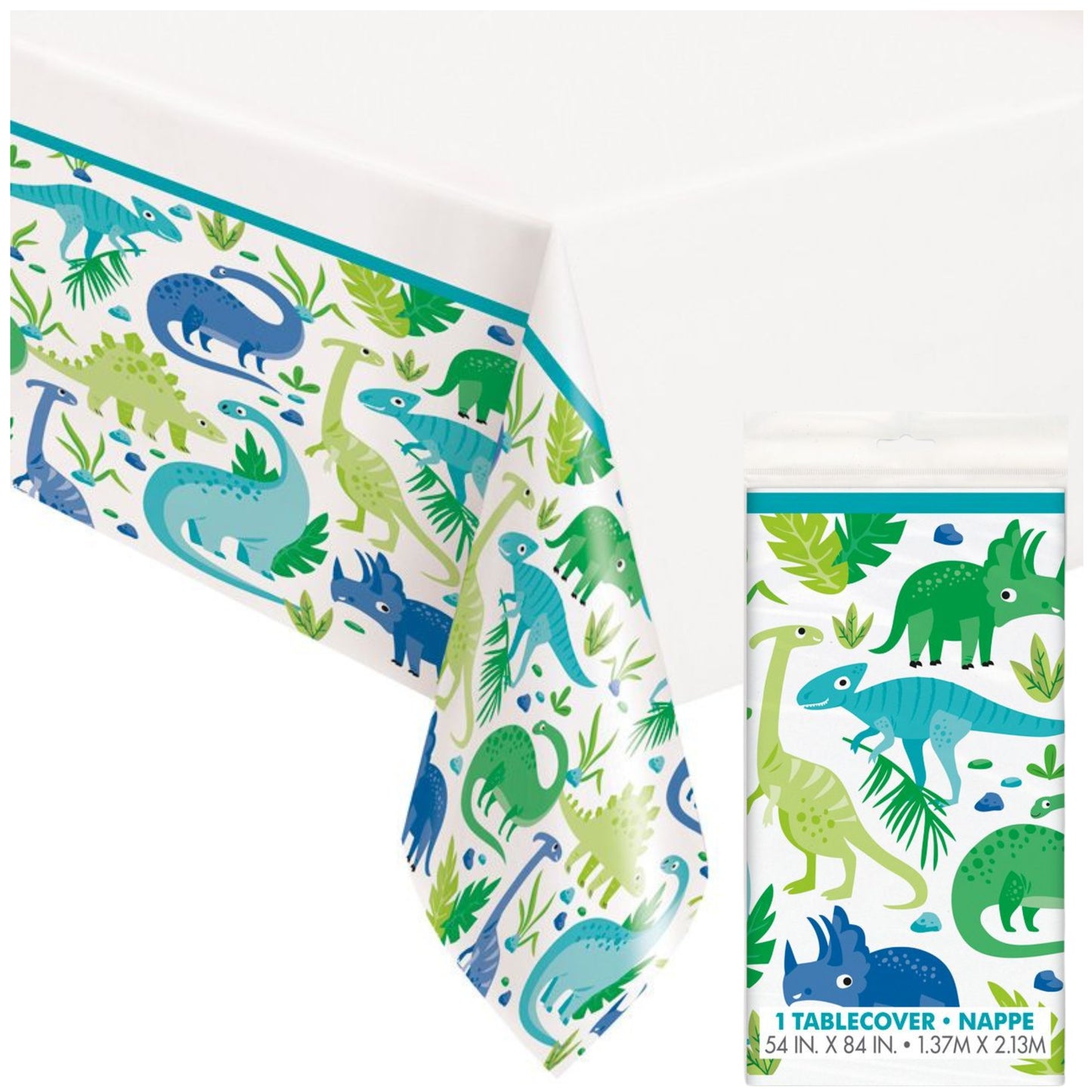 BLUE & GREEN DINOSAUR PLASTIC TABLE COVER (54" x 84")