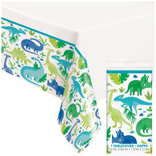 BLUE & GREEN DINOSAUR PLASTIC TABLE COVER (54" x 84")