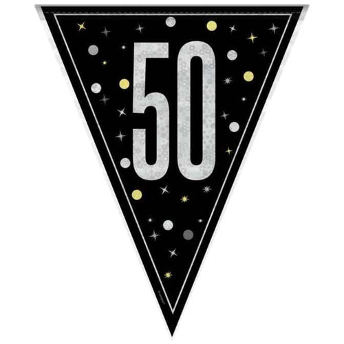 9ft / 2.7m GLITZ BLACK 50TH BIRTHDAY FLAG BANNER (9 FLAGS)