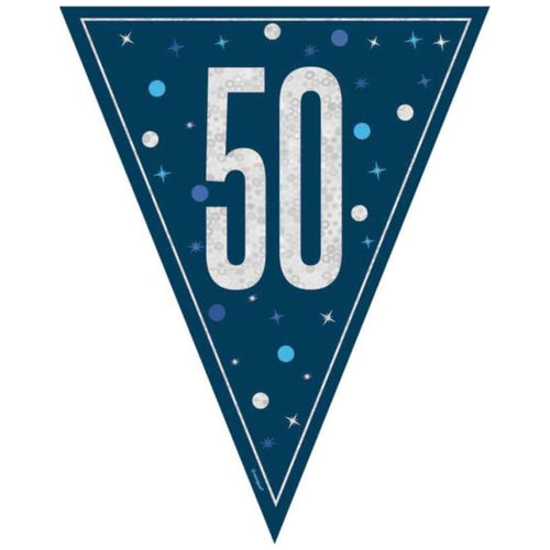 9ft / 2.7m GLITZ BLUE 50TH BIRTHDAY FLAG BANNER (9 FLAGS)