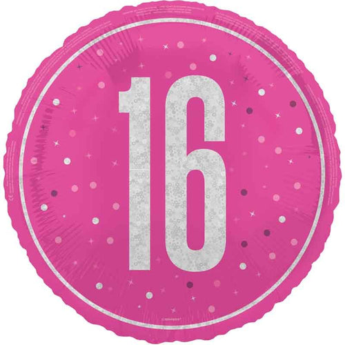 18"/ 46cm GLITZ PINK 16TH BIRTHDAY ROUND FOIL BALLOON