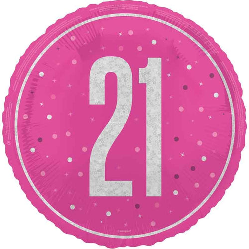 18"/ 46cm GLITZ PINK 21ST BIRTHDAY ROUND FOIL BALLOON