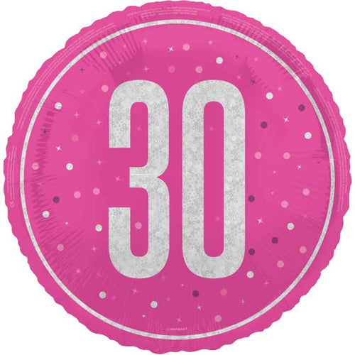 18"/ 46cm GLITZ PINK 30TH BIRTHDAY ROUND FOIL BALLOON