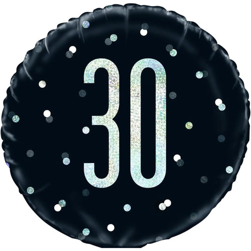 18"/ 46cm GLITZ BLACK 30TH BIRTHDAY ROUND FOIL BALLOON