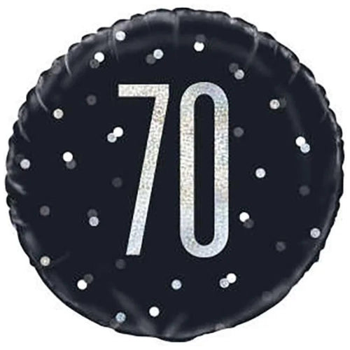 18"/ 46cm GLITZ BLACK & SILVER 70TH BIRTHDAY ROUND FOIL BALLOON