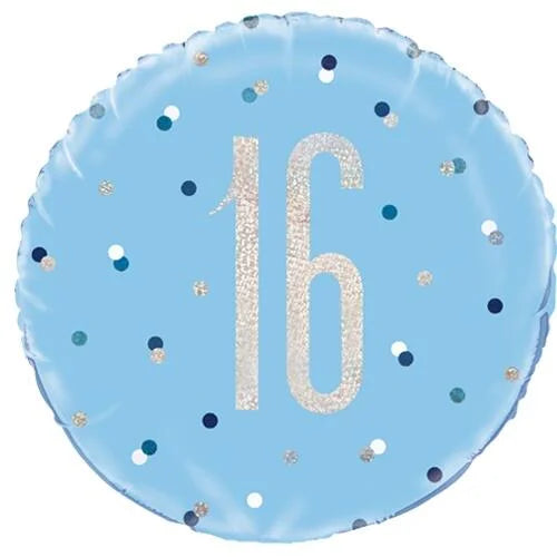 18"/ 46cm GLITZ BLUE & SILVER 16TH BIRTHDAY ROUND FOIL BALLOON