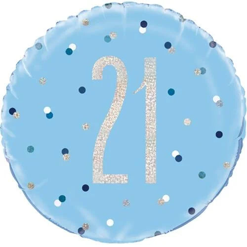 18"/ 46cm GLITZ BLUE & SILVER 21ST BIRTHDAY ROUND FOIL BALLOON