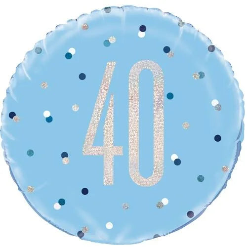 18"/ 46cm GLITZ BLUE & SILVER 40th BIRTHDAY ROUND FOIL BALLOON