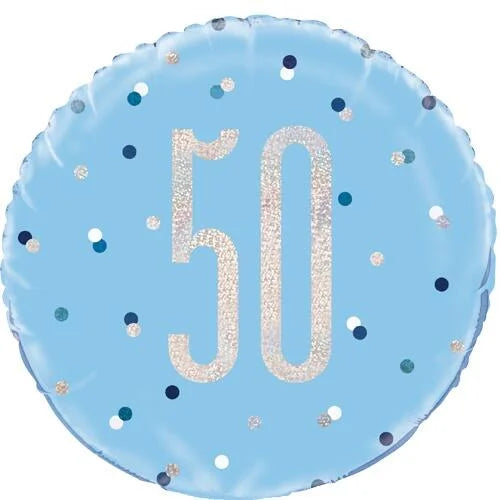 18"/ 46cm GLITZ BLUE & SILVER 50th BIRTHDAY ROUND FOIL BALLOON