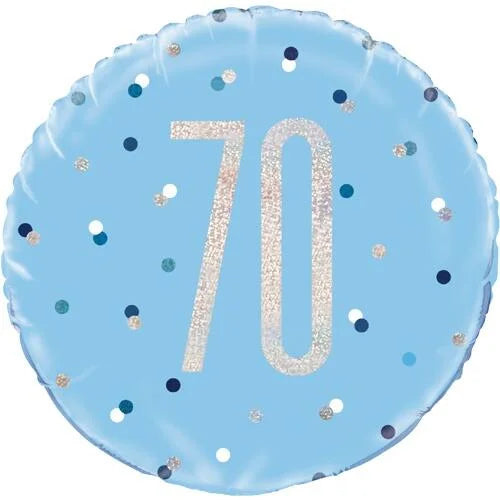 18"/ 46cm GLITZ BLUE & SILVER 70TH BIRTHDAY ROUND FOIL BALLOON