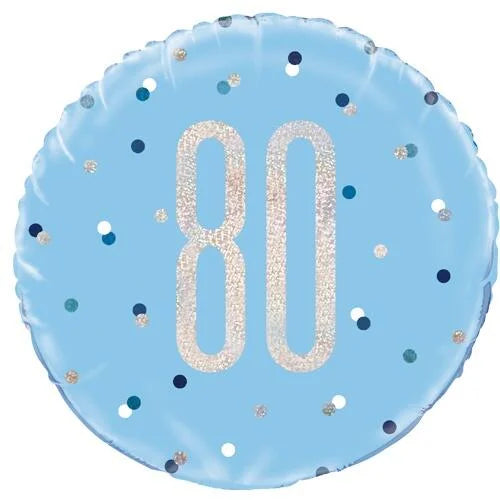 18"/ 46cm GLITZ BLUE & SILVER 80TH BIRTHDAY ROUND FOIL BALLOON