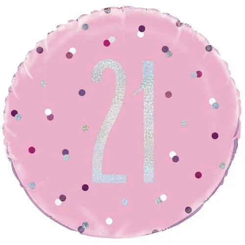 18"/ 46cm GLITZ PINK & SILVER 21ST BIRTHDAY ROUND FOIL BALLOON