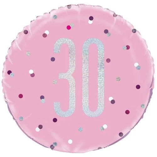 18"/ 46cm GLITZ PINK & SILVER 30TH BIRTHDAY ROUND FOIL BALLOON
