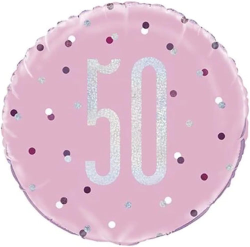 18"/ 46cm GLITZ PINK & SILVER 50TH BIRTHDAY ROUND FOIL BALLOON