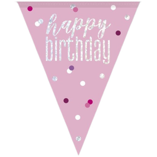 9ft / 2.7m GLITZ PINK & SILVER HAPPY BIRTHDAY BUNTING (9 FLAGS)