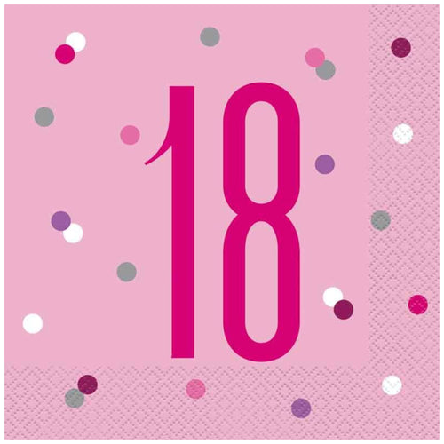 GLITZ PINK '18' LUNCHEON NAPKINS (17cm - 16 PACK)