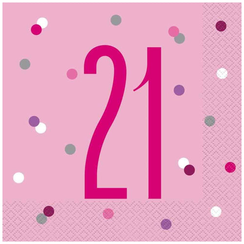 GLITZ PINK '21' LUNCHEON NAPKINS (17cm - 16 PACK)