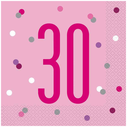 GLITZ PINK '30' LUNCHEON NAPKINS (17cm - 16 PACK)