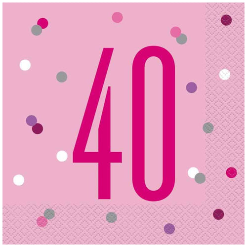 GLITZ PINK '40' LUNCHEON NAPKINS (17cm - 16 PACK)