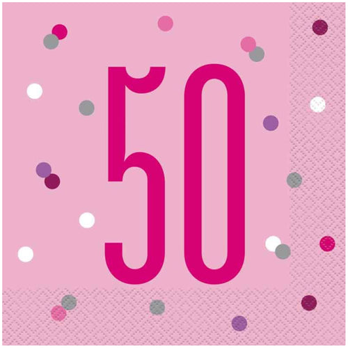 GLITZ PINK '50' LUNCHEON NAPKINS (17cm - 16 PACK)