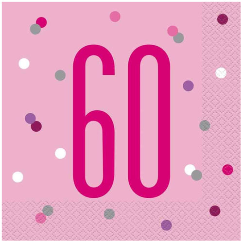 GLITZ PINK '60' LUNCHEON NAPKINS (17cm - 16 PACK)