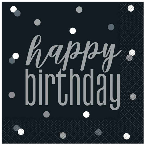 GLITZ BLACK HAPPY BIRTHDAY LUNCHEON /NAPKINS (17cm - 16 PACK)