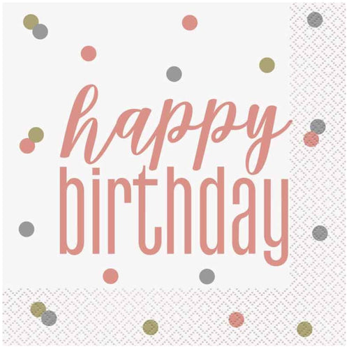 GLITZ ROSE GOLD HAPPY BIRTHDAY LUNCHEON NAPKINS (17cm - 16 PACK)