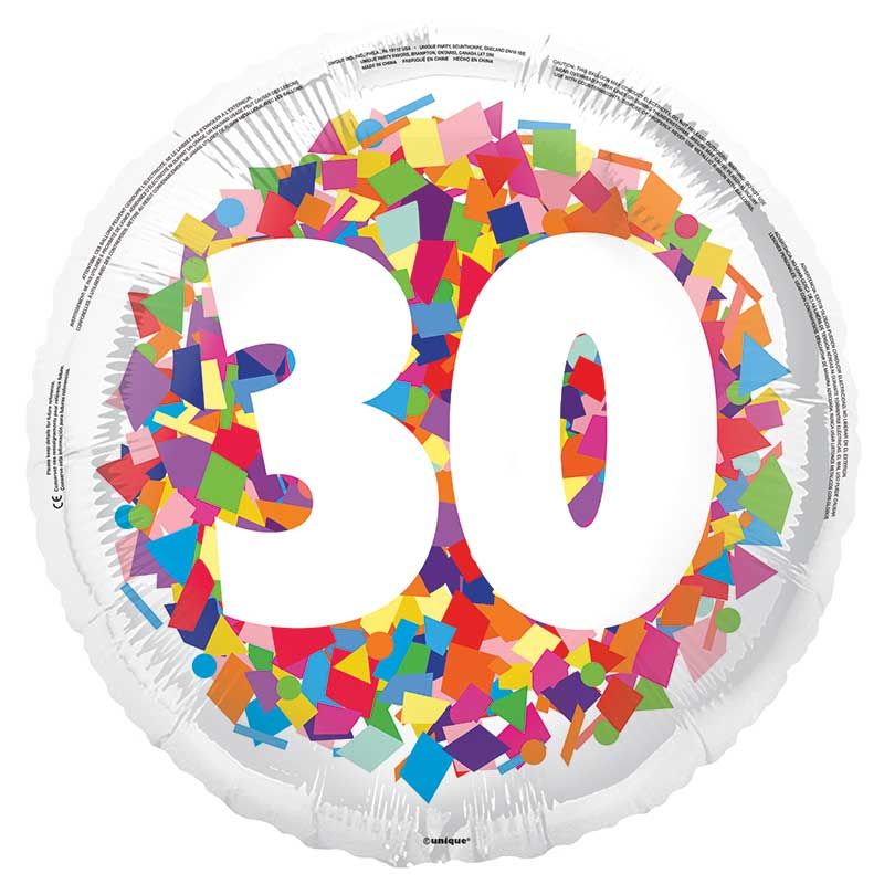 18"/ 46cm BRIGHT CONFETTI 30TH ROUND FOIL BALLOON