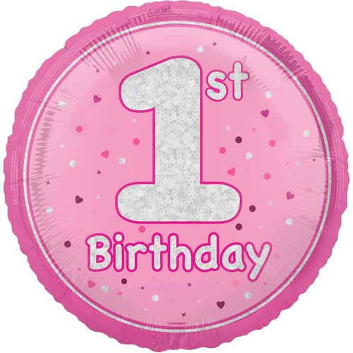 18"/ 46cm GLITZ PINK 1ST BIRTHDAY ROUND FOIL BALLOON