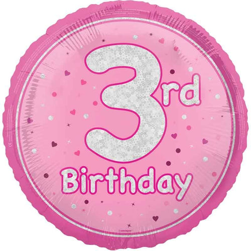 18"/ 46cm GLITZ PINK 3RD BIRTHDAY ROUND FOIL BALLOON
