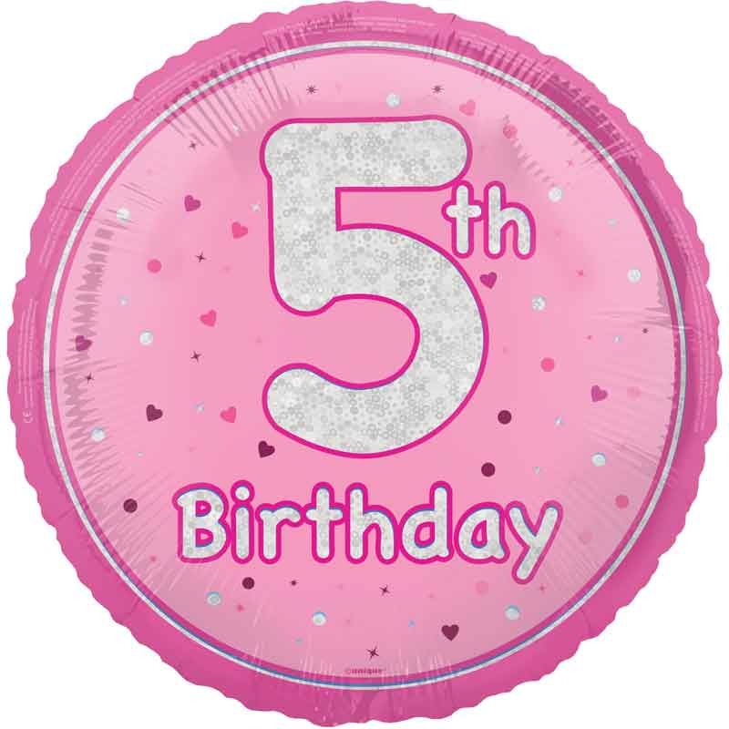 18"/ 46cm GLITZ PINK 5TH BIRTHDAY ROUND FOIL BALLOON