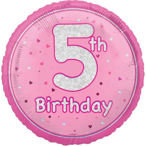 18"/ 46cm GLITZ PINK 5TH BIRTHDAY ROUND FOIL BALLOON