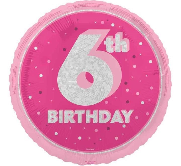 18"/ 46cm PINK 6TH BIRTHDAY ROUND FOIL BALLOON